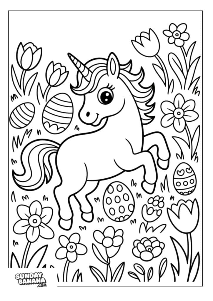 Coloring page of Unicorn hunting for easter eggs in flower garden
