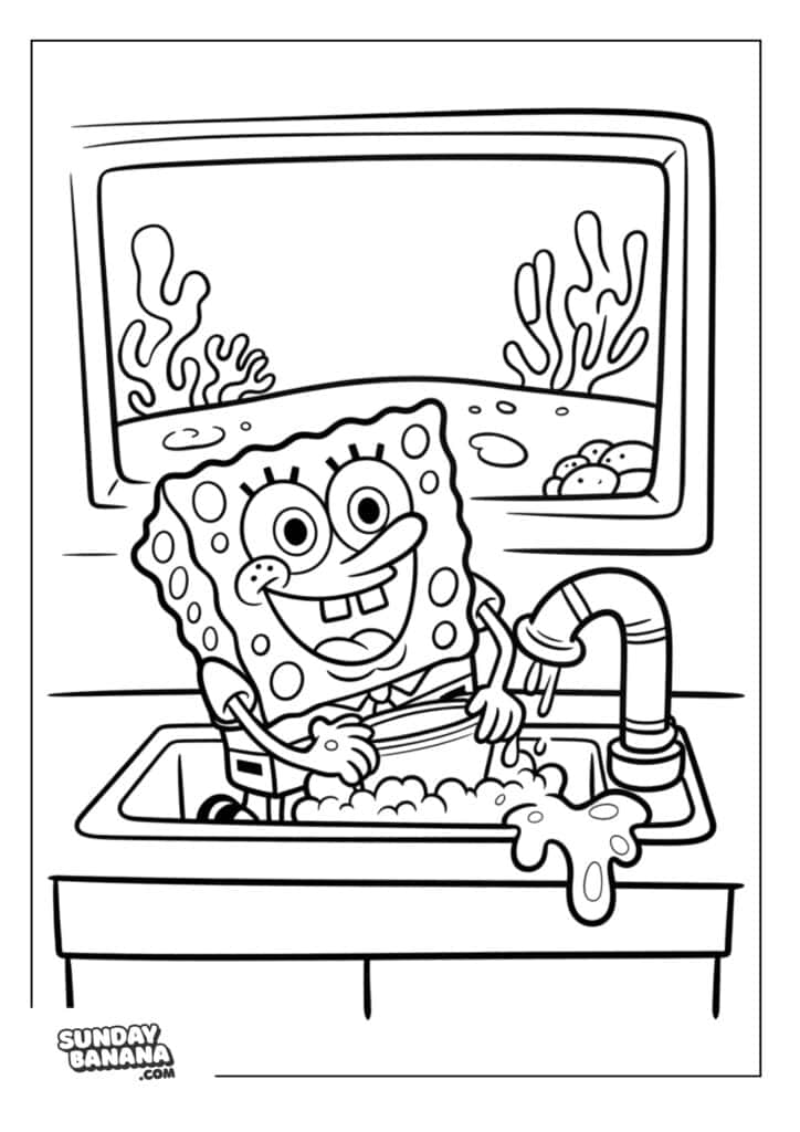 Spongebob washing dishes coloring page