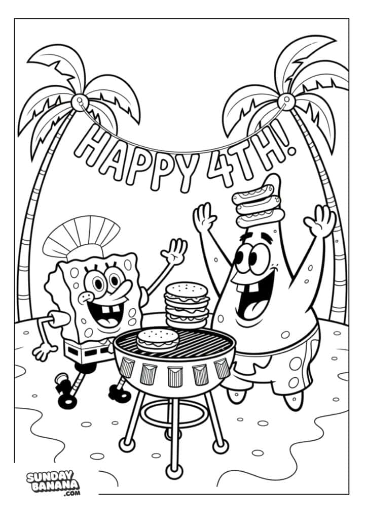 Patrick and Spongebob celebrating 4th July barbecue coloring page