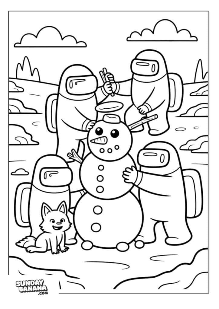 Four crewmates building snowman Among Us coloring page