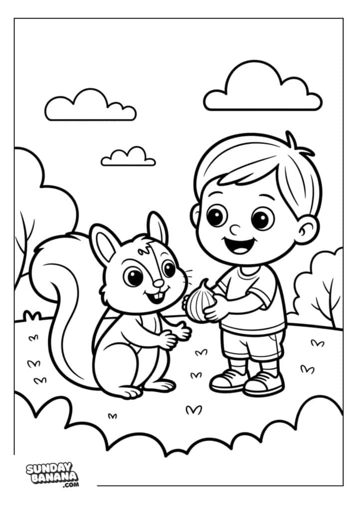 Boy feeding squirrel camping coloring page