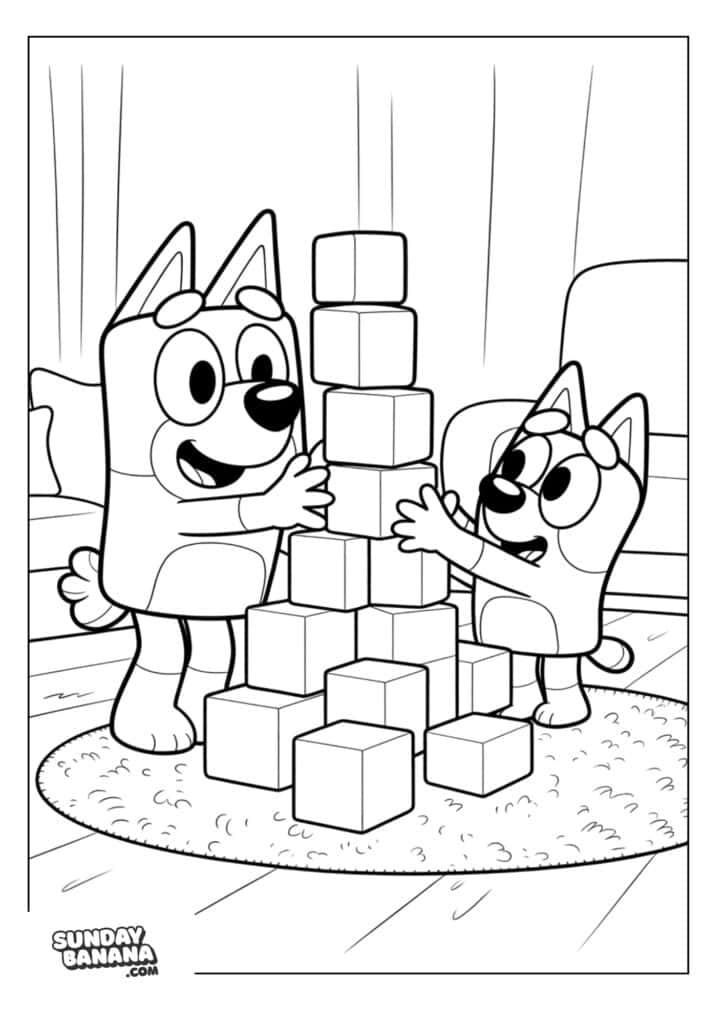 Muffin and Bluey playing with building blocks coloring page