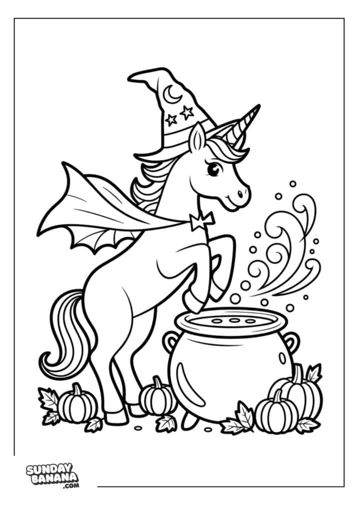 Unicorn wearing a witch hat and cape in front of a cauldron surrounded by small pumpkins coloring page