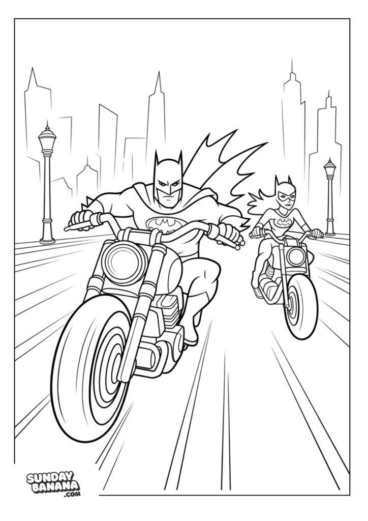 Batman and batgirl on motorcycle coloring page