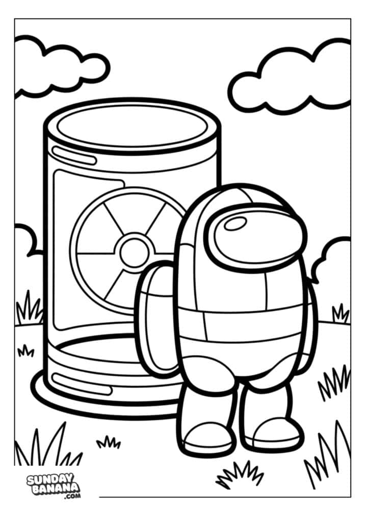 Crewmate standing next to a nuclear reactor Among Us coloring page
