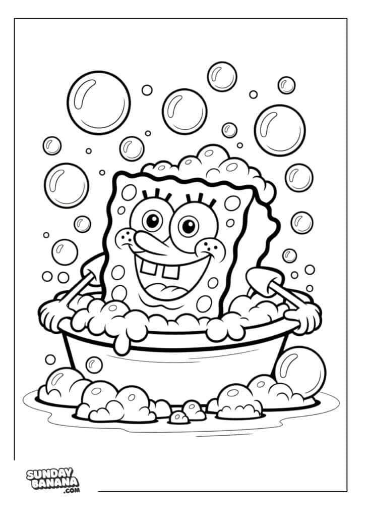 Spongebob having bubble bath in a basin bucket coloring page