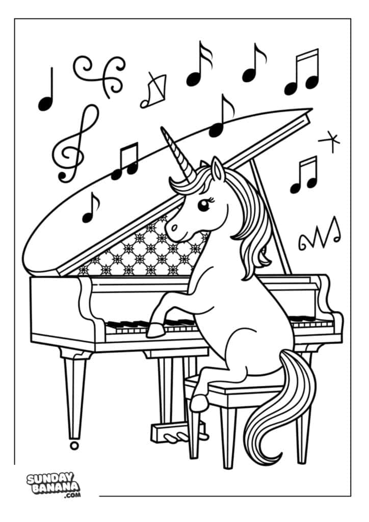 Coloring page of a Unicorn playing a baby grand piano with music notes floating above