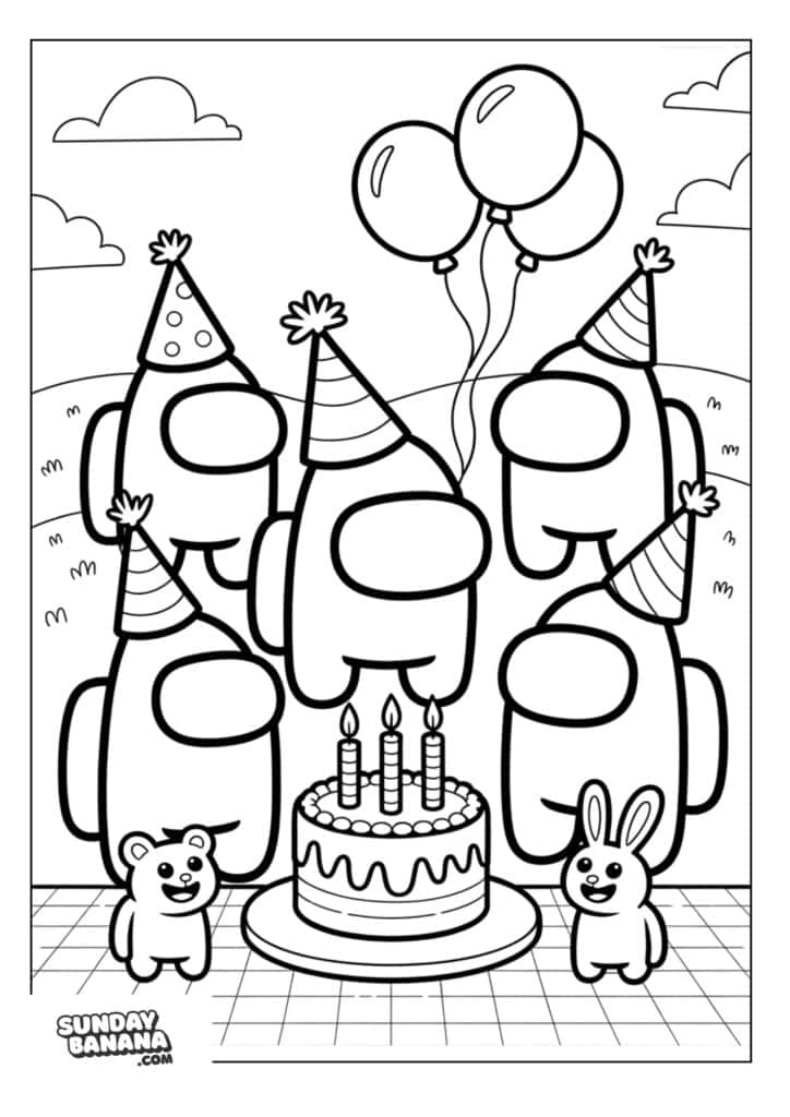 Crewmates celebrating birthday party with party hats, balloons and cake Among Us coloring page