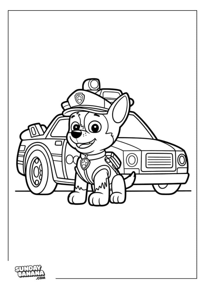 Chase sitting in front of police cruiser looking happy Paw Patrol coloring page