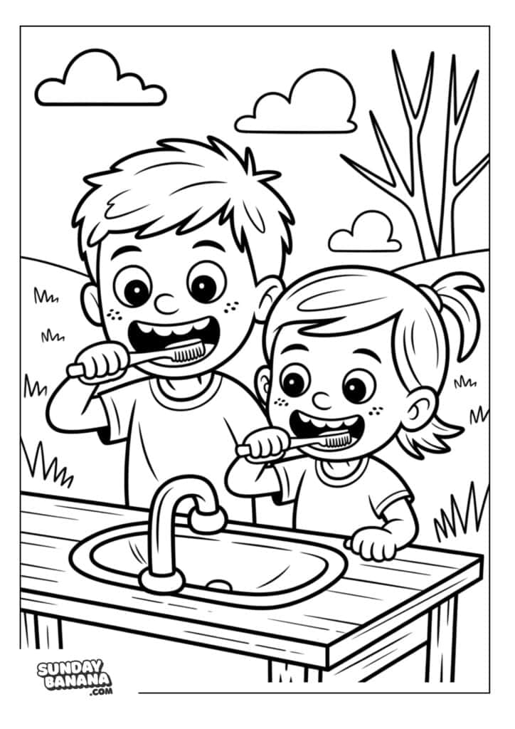 Boy and girl brushing teeth at camp sink coloring page