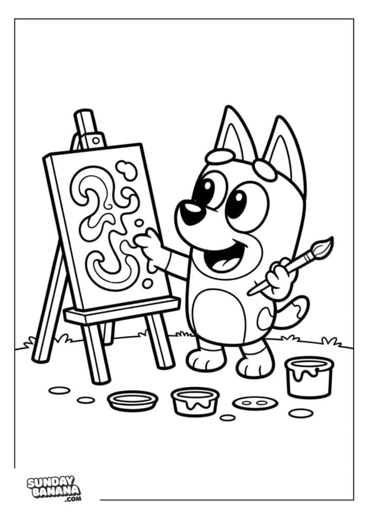 Bluey painting art time on canvas outdoors coloring page