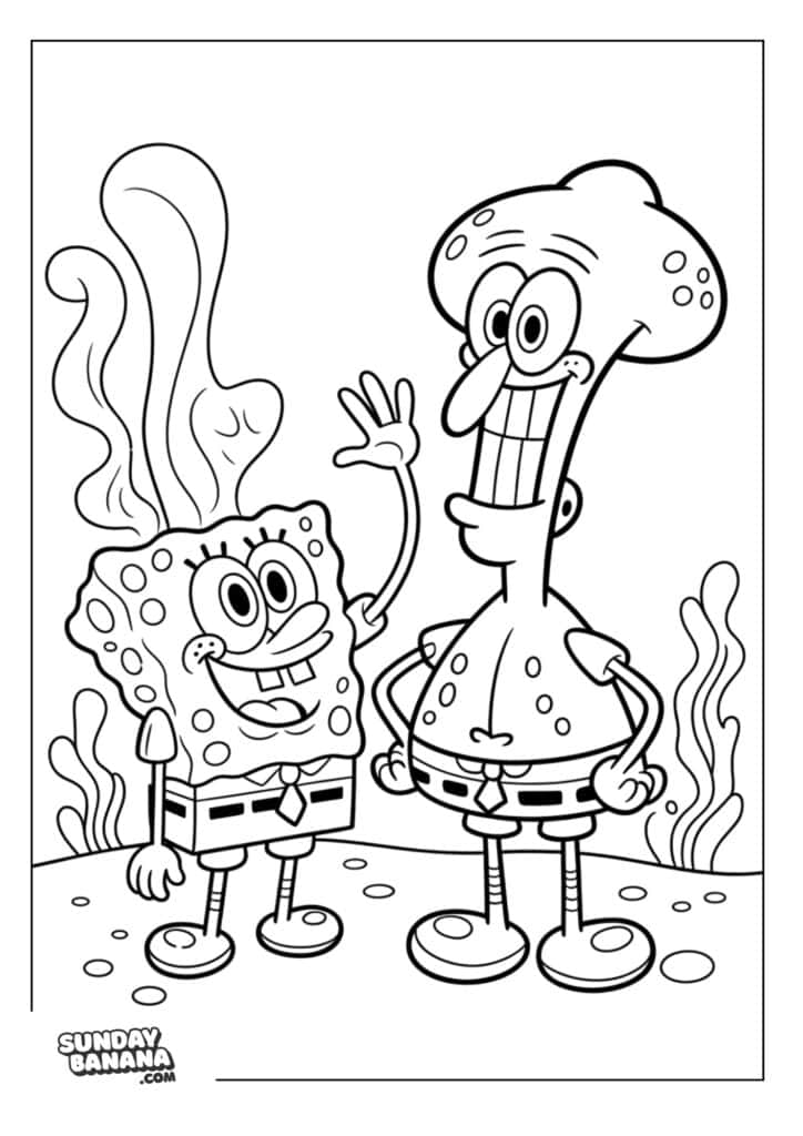 Spongebob waving hi to happy Squidward coloring page