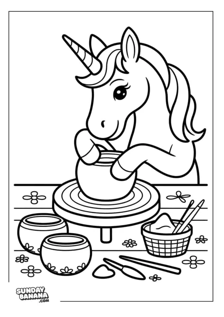 Unicorn making pottery bowls on pottery turning wheel coloring page