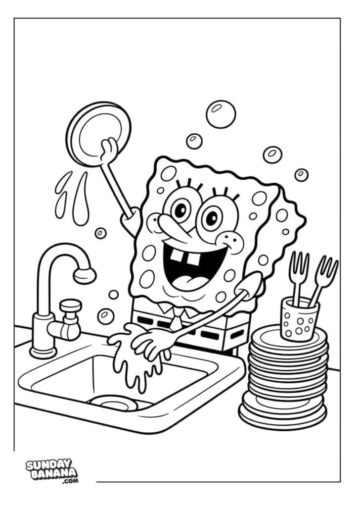 Spongebob happily washing dishes coloring page