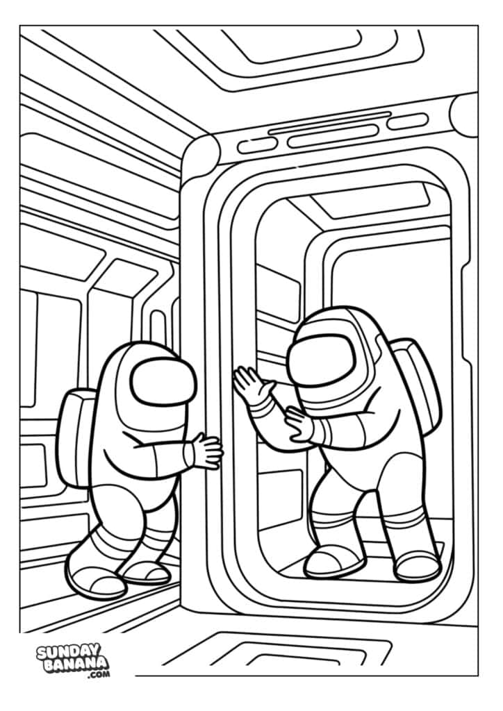 Two crewmates playing hide and seek in spaceship Among Us coloring page