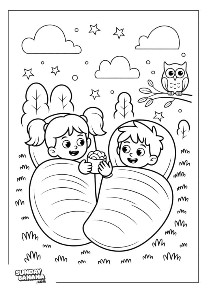Two children in two separate sleeping bags sharing a midnight snack camping coloring page