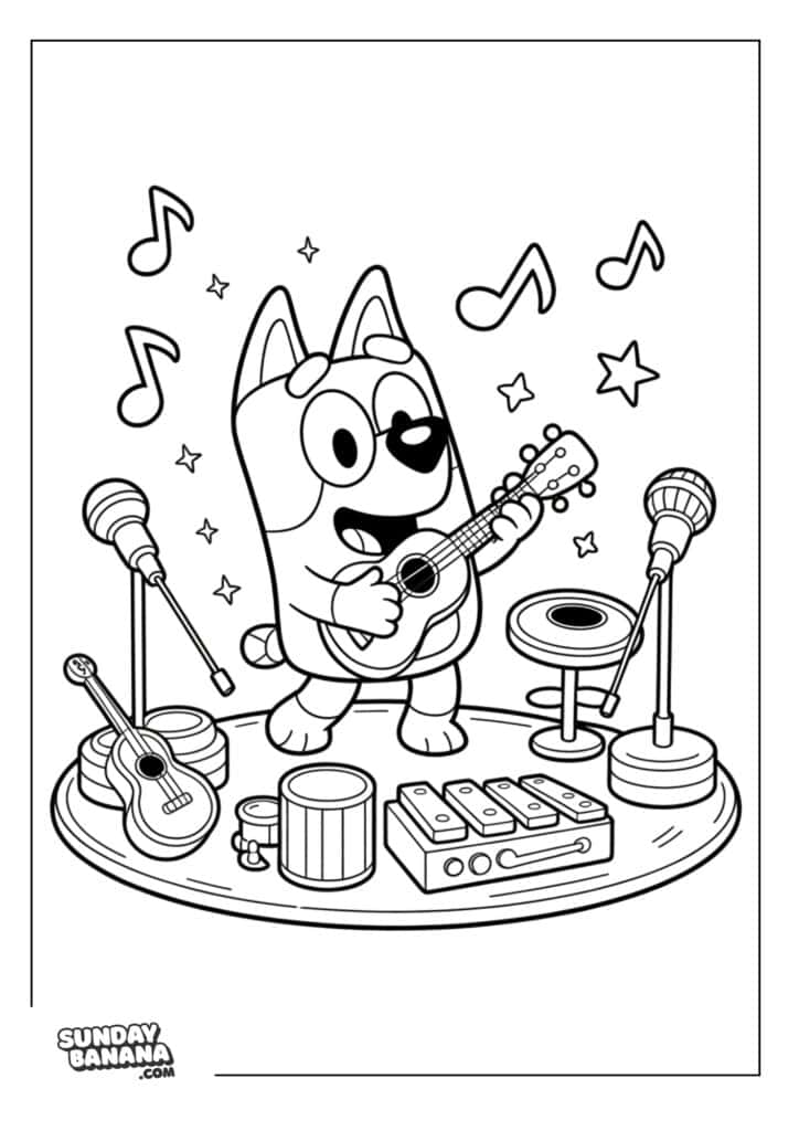 Bluey having musical performance with toy instruments coloring page