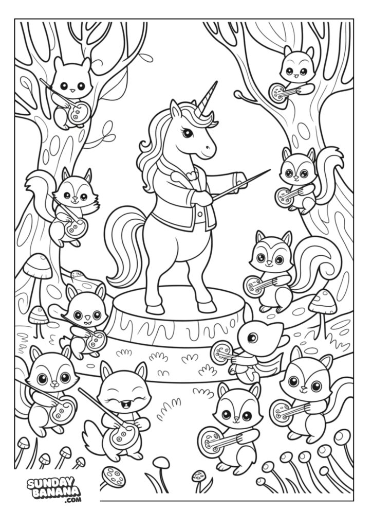 Coloring page of a Unicorn conducting an orchestra of woodland animals
