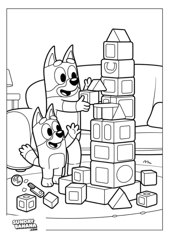 Bingo and Bluey building block tower in living room coloring page