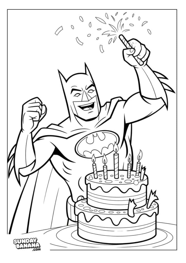 Batman celebrating birthday with cake coloring page