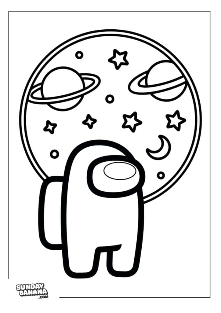 Crewmate looking out circular window and seeing planets and stars Among Us coloring page