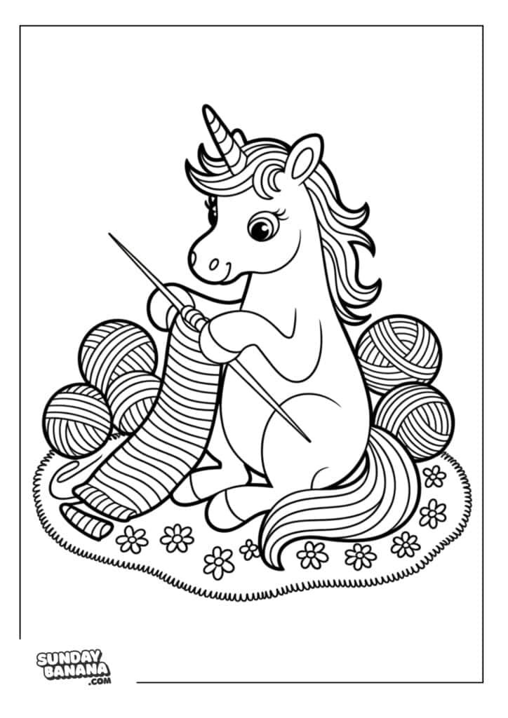 Coloring page of a Unicorn sitting on a rounded flower carpet surrounded by balls of yarn knitting a scarf