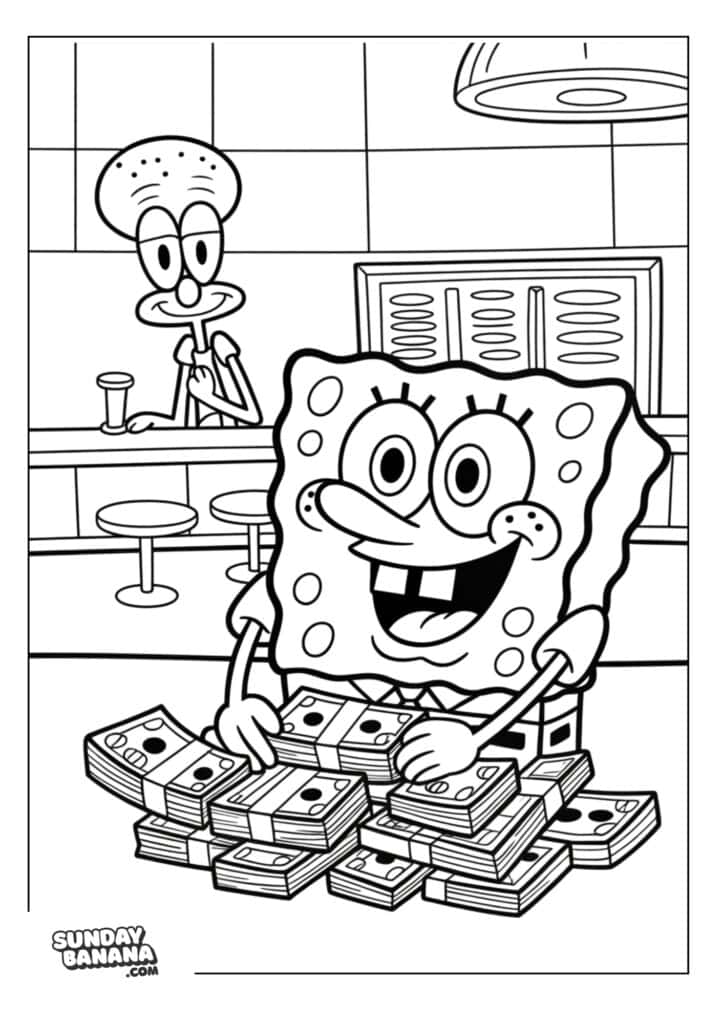 Spongebob stacks of money at Krusty Krabs coloring page