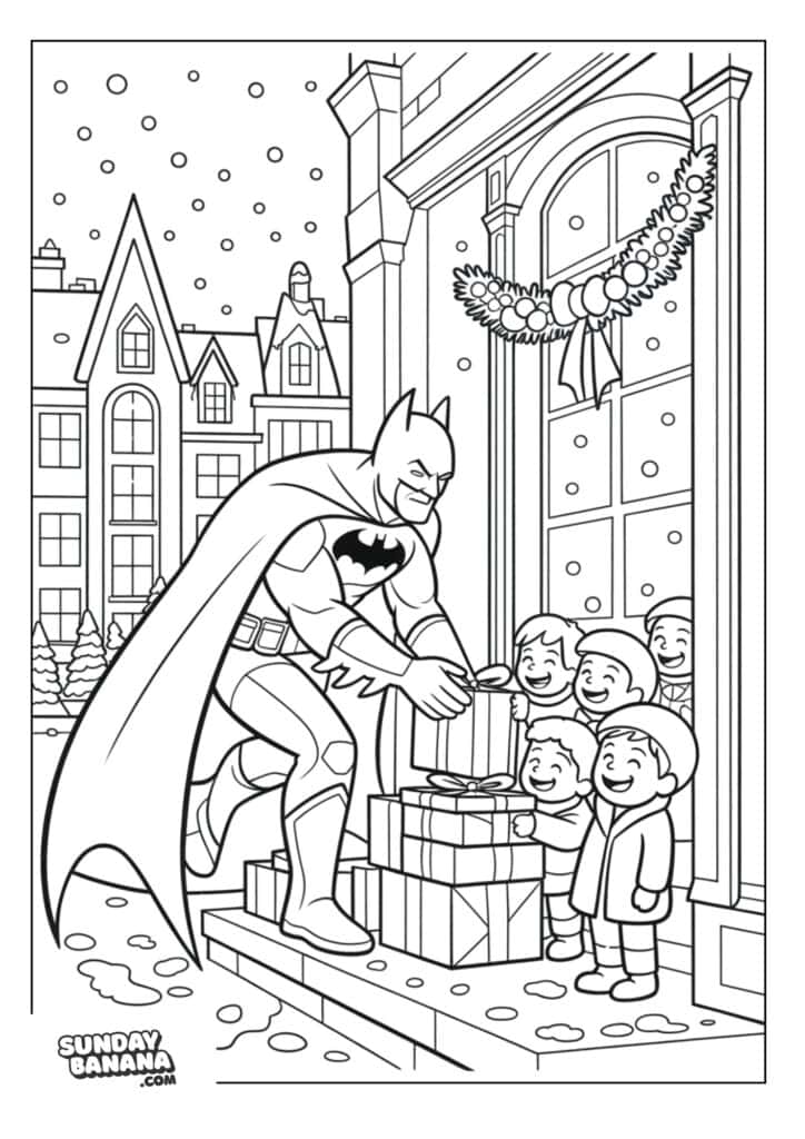 Batman delivering gifts to children coloring page
