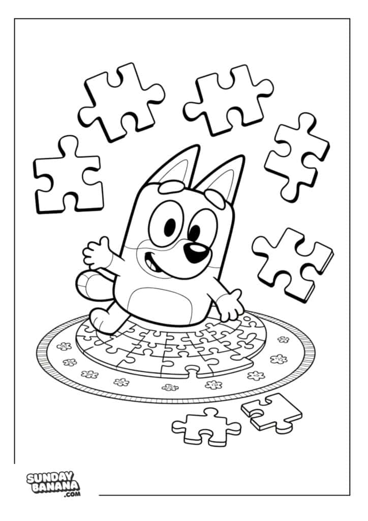 Bluey playing with jigsaw puzzle coloring page