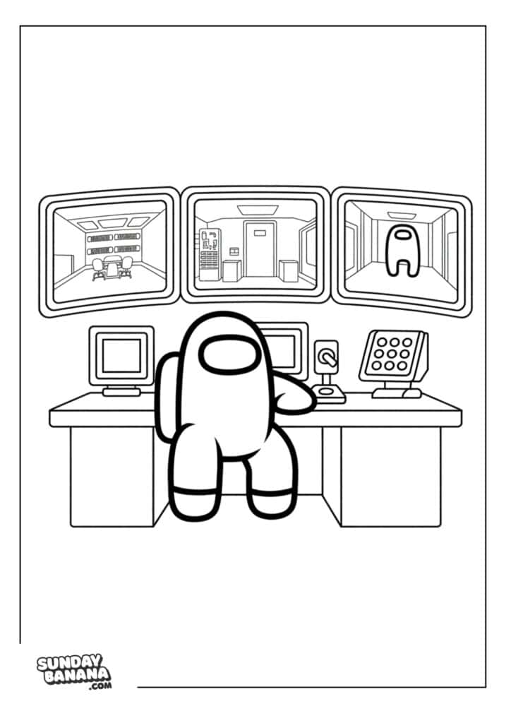 Crewmate in spaceship security room with computer screens Among Us coloring page
