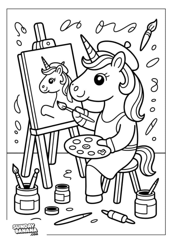 Coloring page of a Unicorn wearing a beret painting a unicorn on canvas with paint brushes around