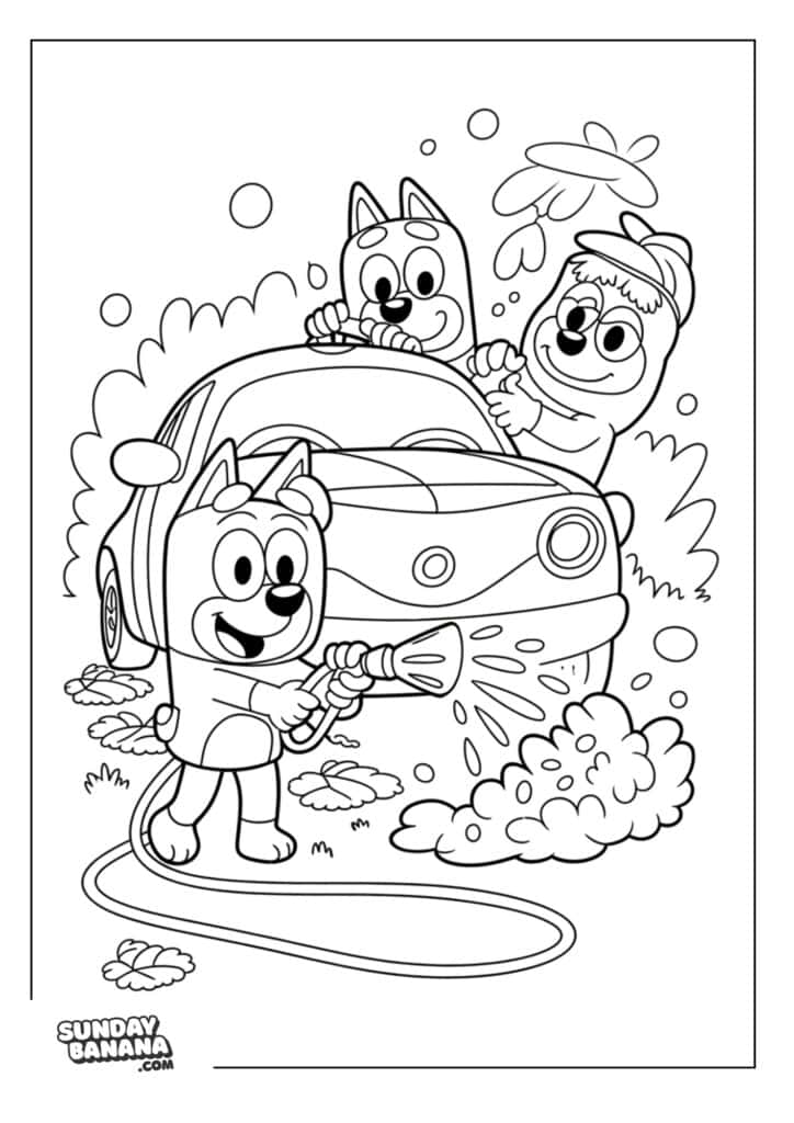 Bluey and friends washing car coloring page