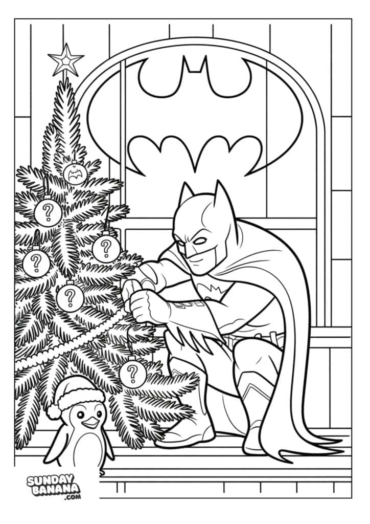 Batman decorating Christmas tree coloring page