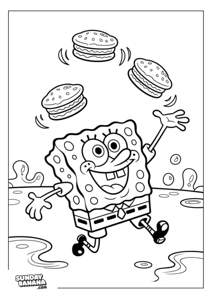 Spongebob juggling krabby patties coloring page