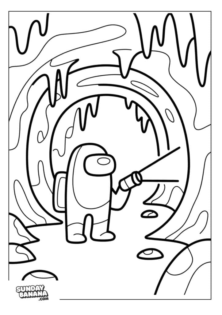 Crewmate with flashlight exploring cave Among Us coloring page