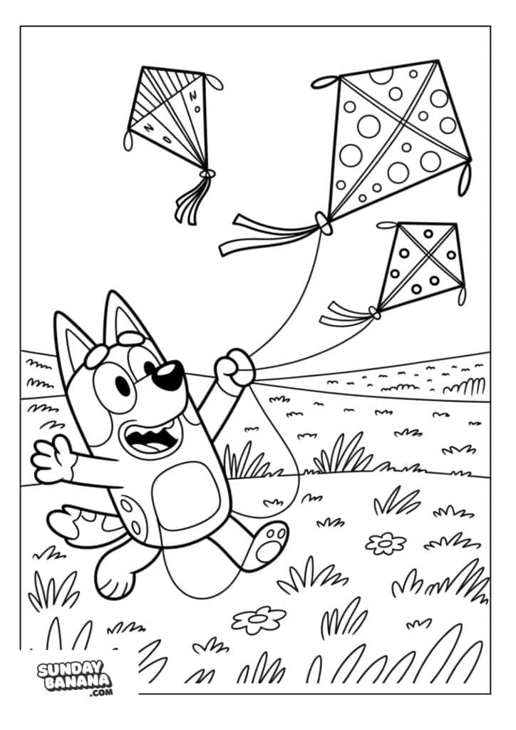 Bluey flying kite in open field coloring page