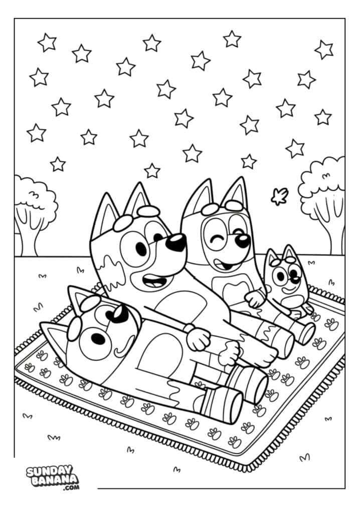 Heeler family laying down on picnic mat stargazing coloring page