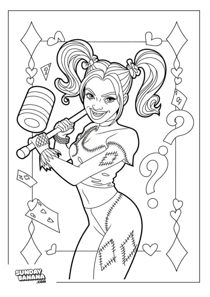 Harley Quinn in diamond card frame Batman coloring page
