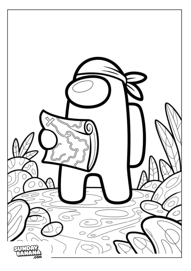 Crewmate wearing pirate bandana holding treasure map and treasure hunting in alien planet Among Us coloring page
