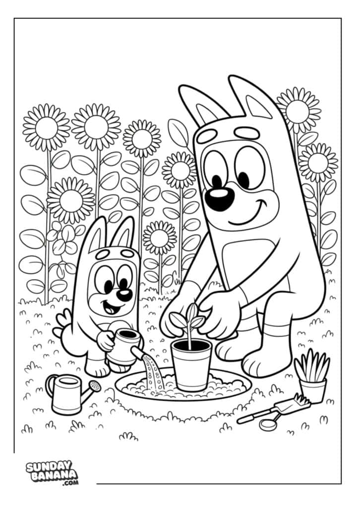 Bingo and Bluey doing gardening coloring page