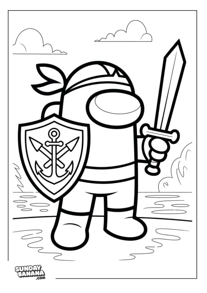 Crewmate wearing pirate costume with bandana, sword and shield Among Us coloring page