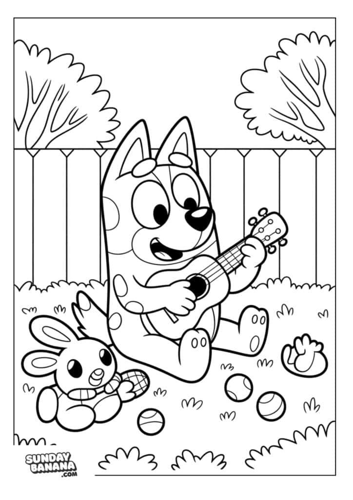 Bluey playing guitar in the garden coloring page
