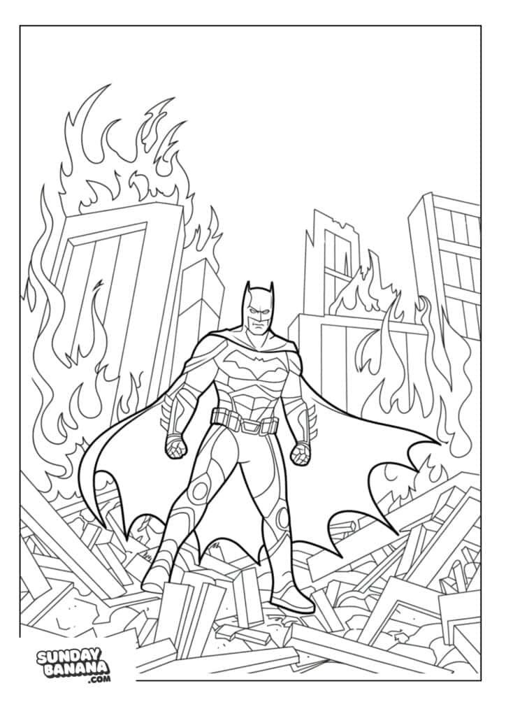 Batman surrounded by fiery destruction coloring page
