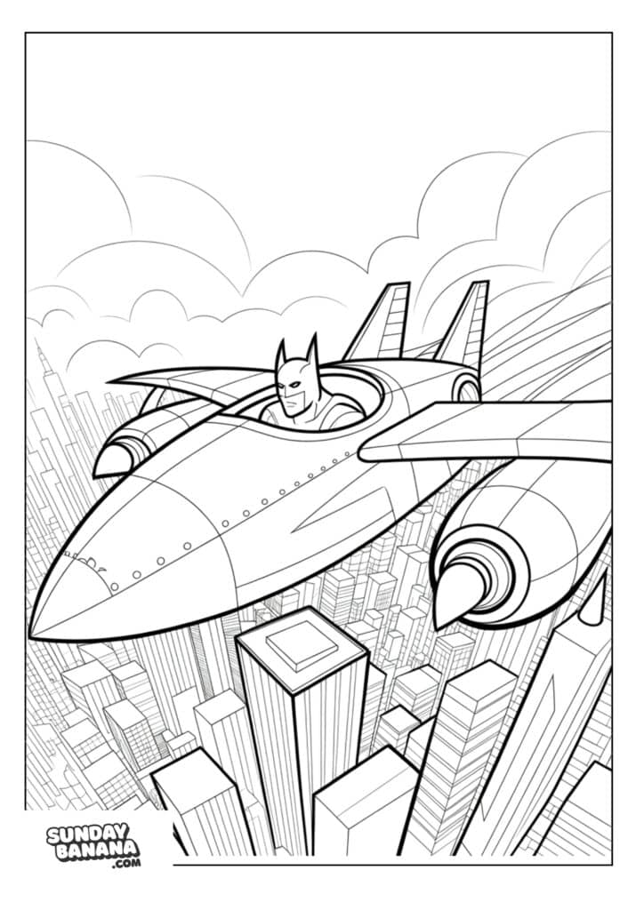 Batman flying Batplane over Gotham City coloring page