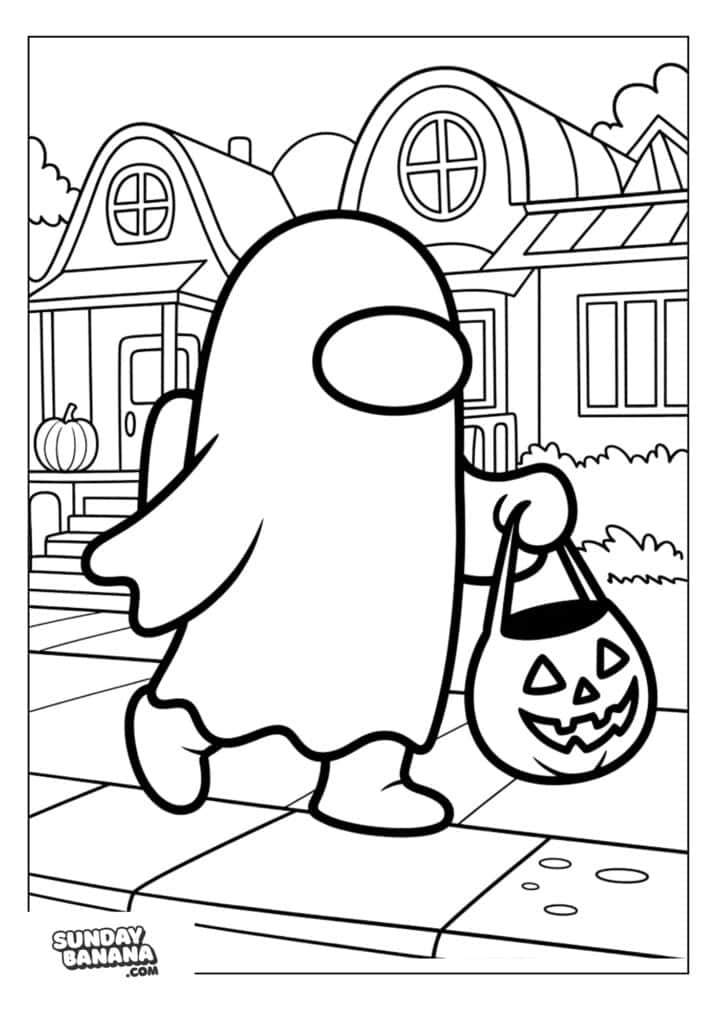 Crewmate wearing ghost Halloween costume going trick-or-treating Among Us coloring page