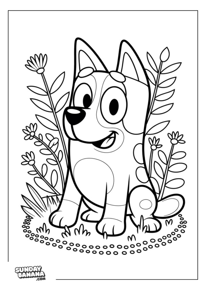 Bluey sitting among flowers coloring page