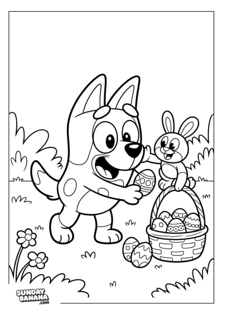 Bluey collecting Easter eggs with bunny coloring page