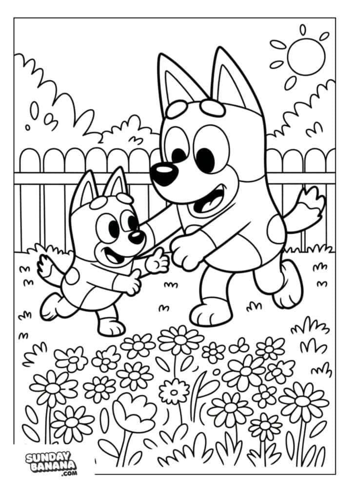 Bingo playing with Bluey in the garden coloring page