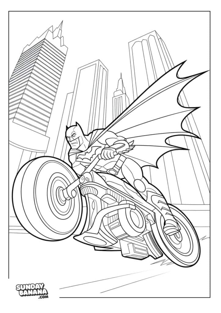 Batman riding Batcycle side profile coloring page