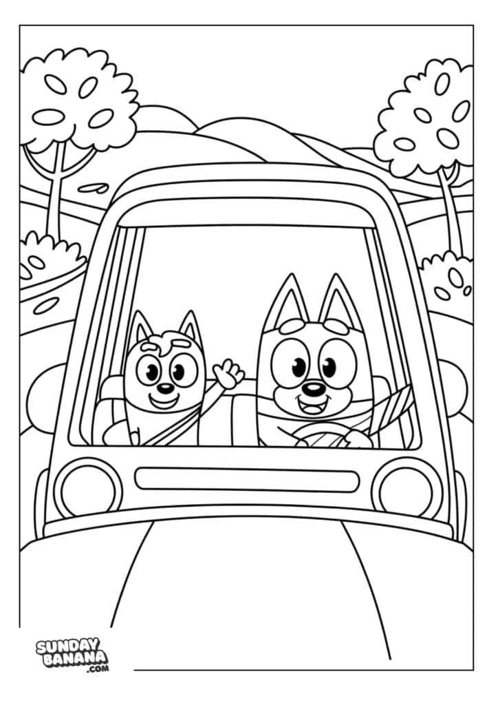 Bluey and Bingo car trip coloring page